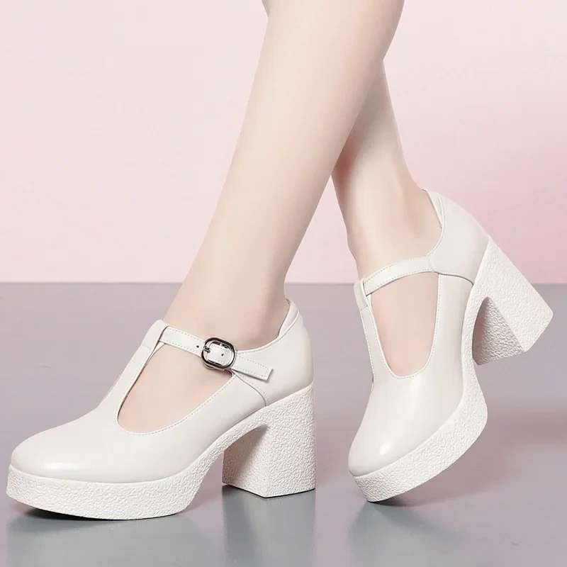 Spring Autumn New Retro Thick High Heels Chunky Sole Platform T-tied Shallow Genuine Leather Buckle Strap Women Pumps 41213