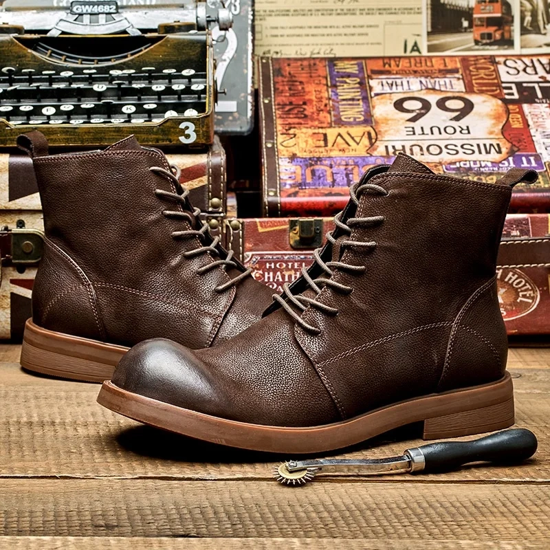British Style New Retro Leisure Chunky Bottom Sewing Cross-tied Full Grain Leather Men Ankle High Top Motorcycle Boots 2308