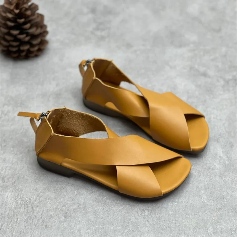 Summer New British Style Retro Thick Bottom Peep Toe Cut Out Cross-tied Sewing Genuine Leather Women Gladiator Sandals 230414