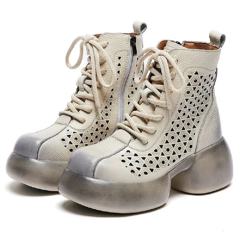 Summer Retro 7 CM Thick High Heels Platform Hollow Breathable Cross-tied Genuine Leather Women Ankle Short Casual Boots 50113