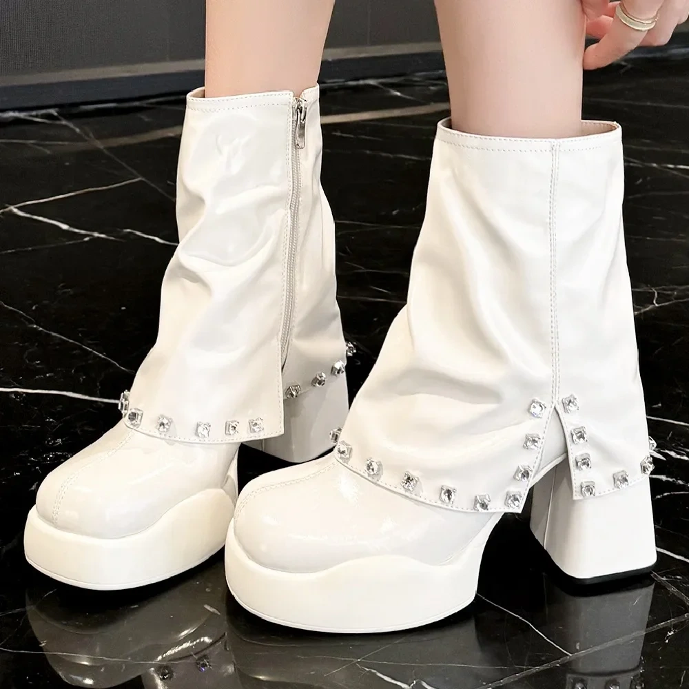 Spring Autumn Winter New Sexy Super High Heels Platform Crystal Rivet Zipper Genuine Leather Women High Top Short Foldover Boots