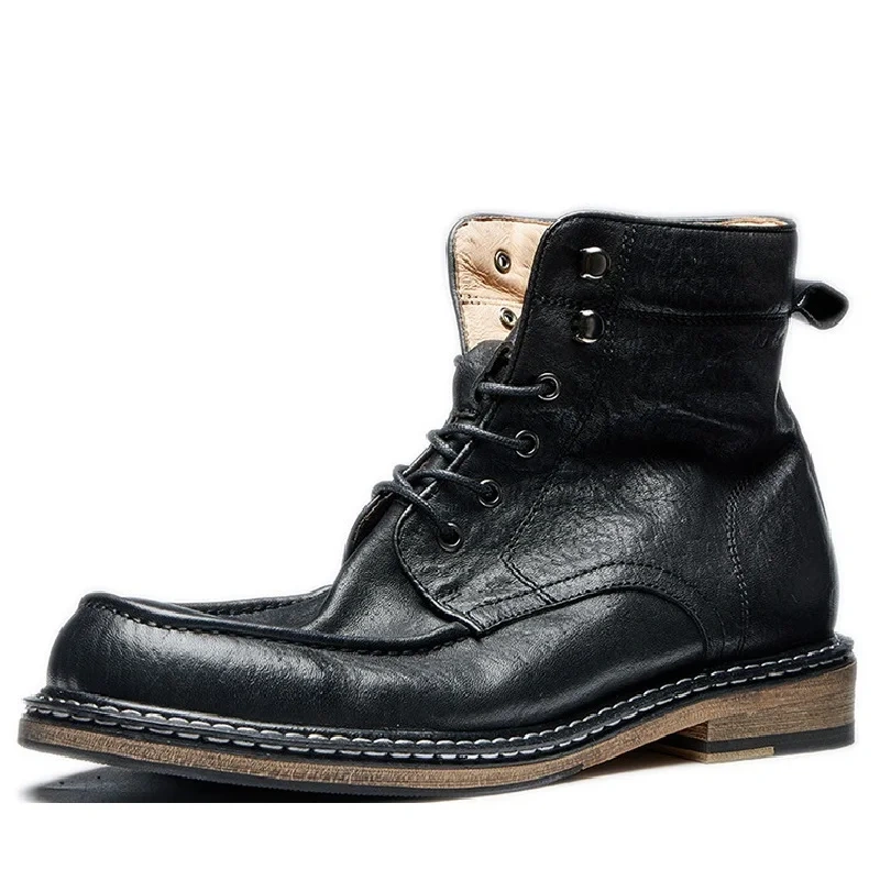 Spring Autumn New British Style Retro Thick Heels Round Toe Sewing Lace-Up Genuine Leather Men High Top Motorcycle Boots 2411
