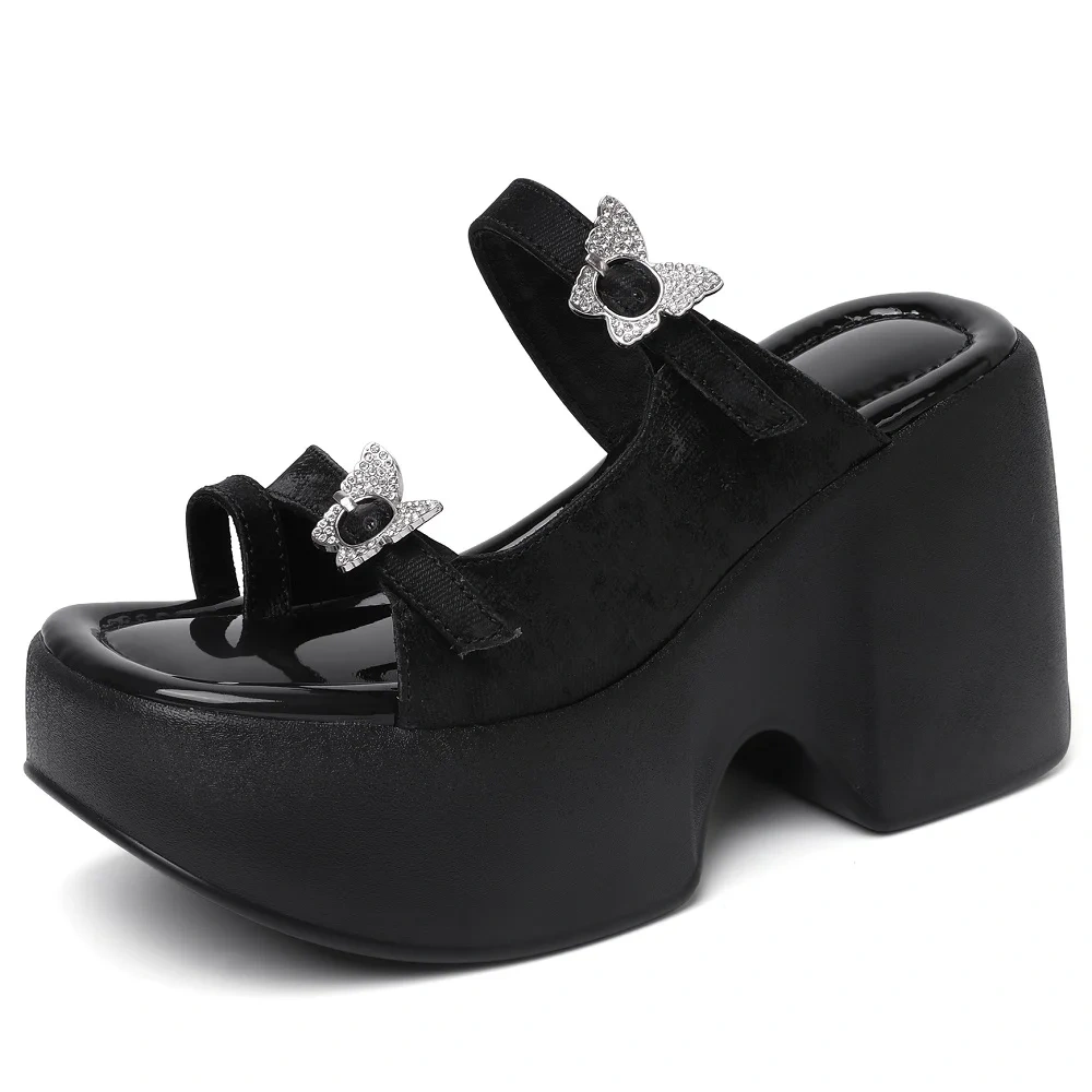 Summer New France Style Outside Slim 10 CM High Heels Platform Peep Toe ButterFly Decoration Genuine Leather Women Rome Slippers