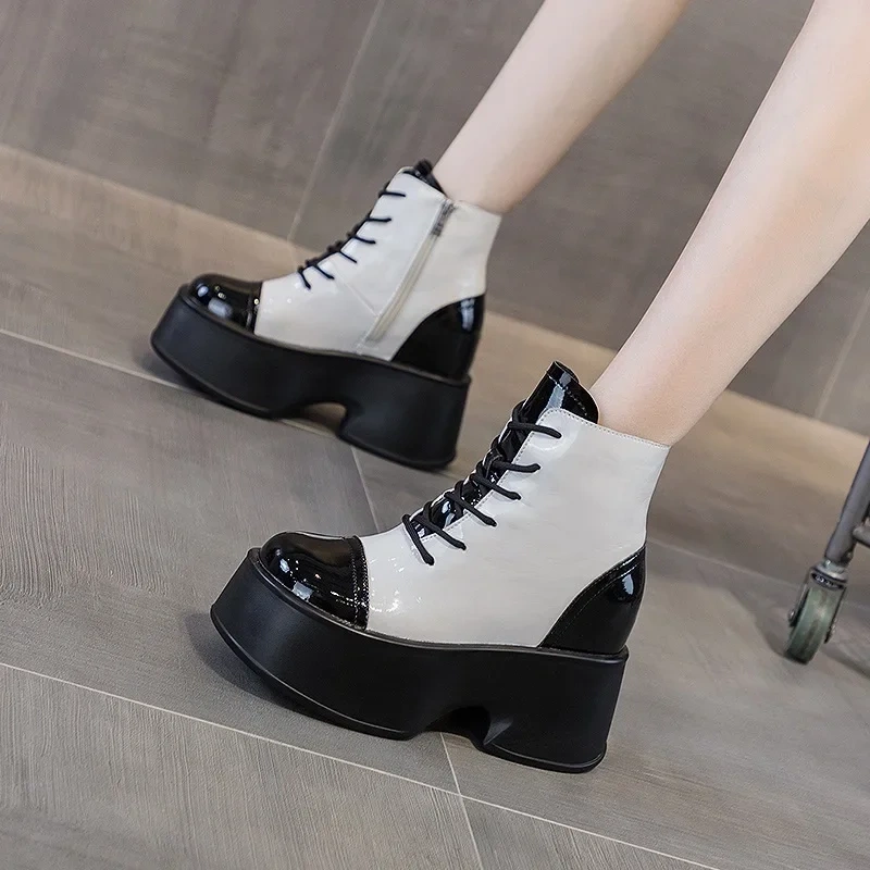 Spring Autumn Slim Height Increasing Platform Cross-tied Mixed Colors Patent Leather Women Ankle Short Modern Boots Winter Plush