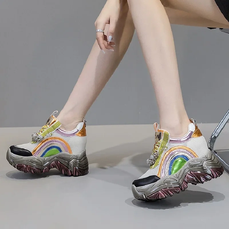 Spring Autumn New Slim Height Increasing Platform Rainbow Colors String Bead Mesh Genuine Leather Women Casual Shoes Sneakers