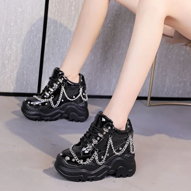 Spring Autumn Punk Style Height Internal Platform Metal Chain Rivet Rainbow Color Genuine Leather Women Casual Shoes Sneakers