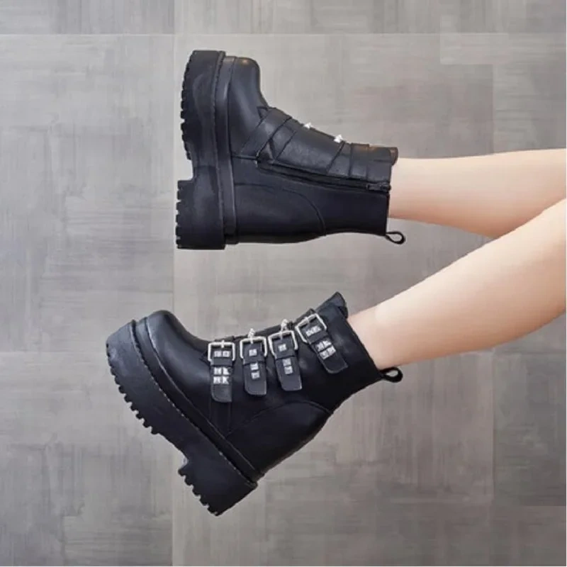 Winter New Punk Style Slim Height Increasing Platform Belt Buckle Rivet Zipper Genuine Leather Women Mid-Calf Modern Boots 2410