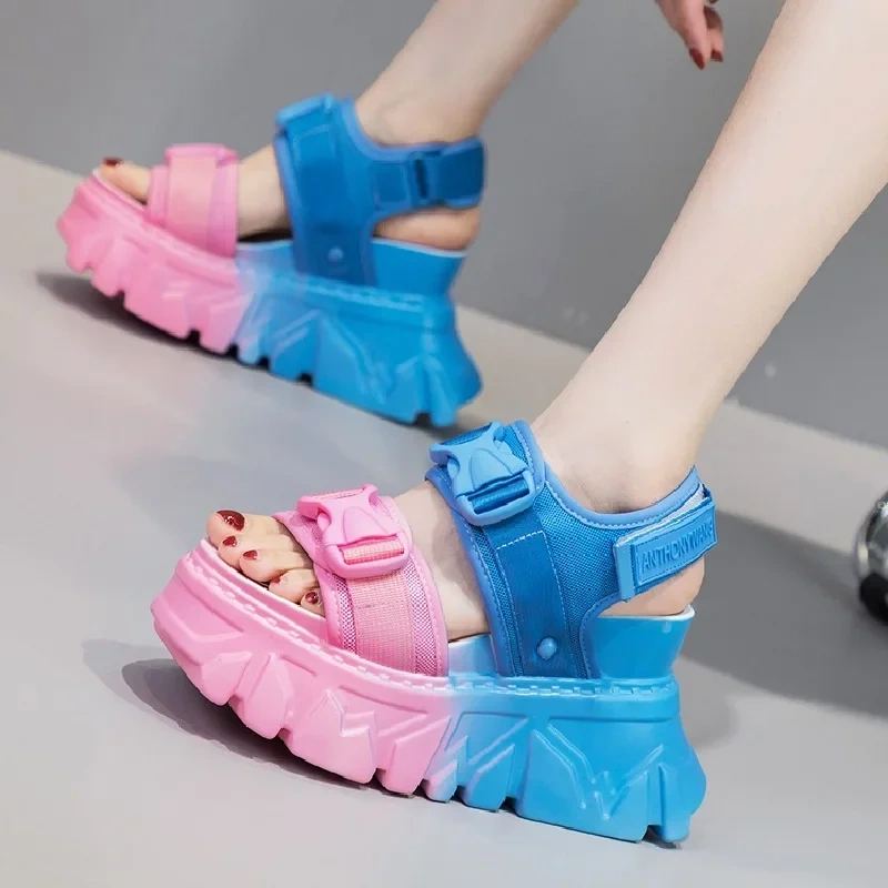 Summer New Korean Style Slim Height Increasing Wedges Peep Toe Platform Cutout Mixed Colors Buckles Belt Women Gladiator Sandals