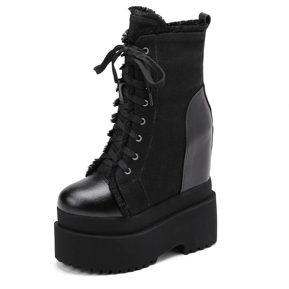 Spring Autumn Winter New Slim 14 CM High Heels Height Increasing Platform Wedges Cross-tied Denim Women Mid-Calf Modern Boots