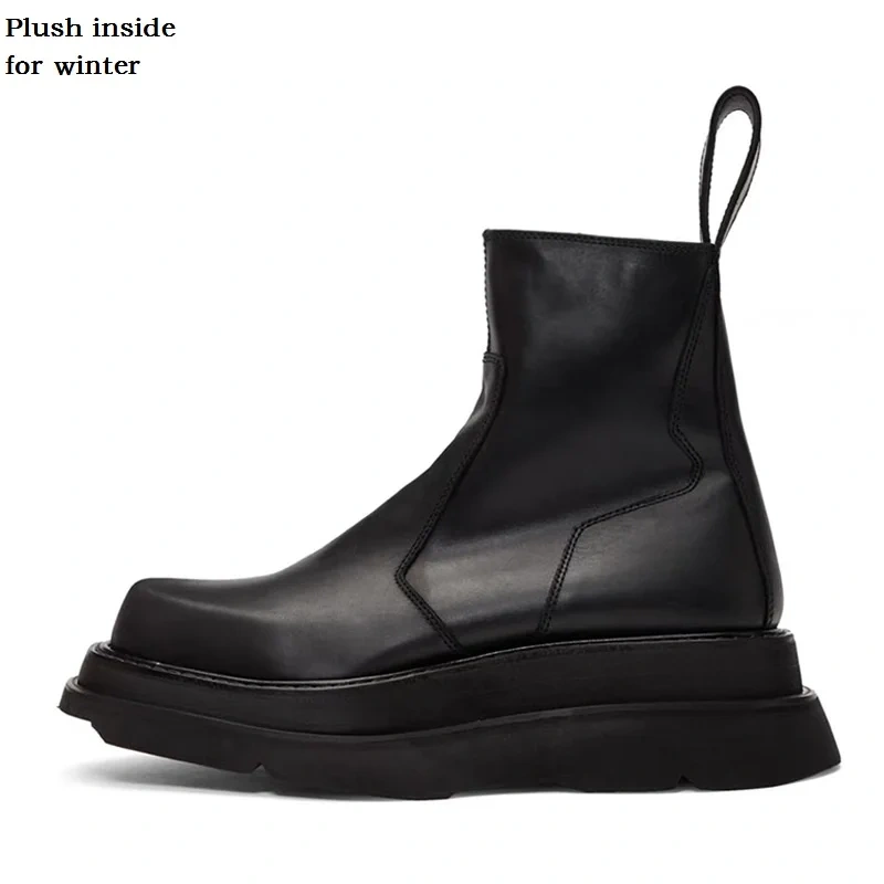 Spring Autumn New British Style Retro Chunky Bottom Platform Sewing Genuine Leather Men Mid-Calf Work Safety Boots Winter Plush