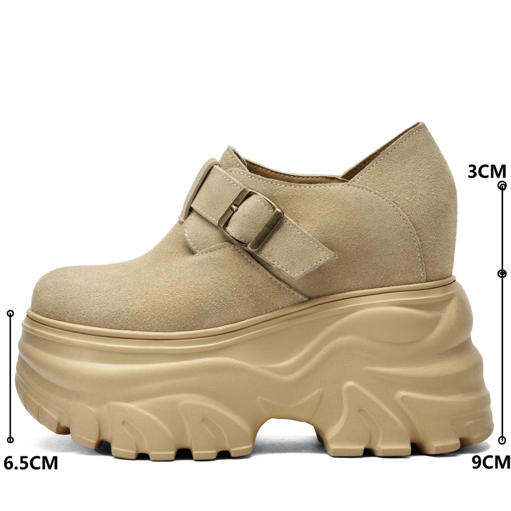 Women 12 CM Wdege Heel Genuine Nubuck Leather Shoes Metal Buckles Retro Platform Spring Autumn New Loafers Shoes 50221