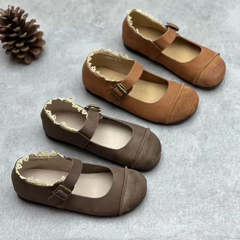 Spring Autumn New British Style Retro Flat Bottom Shallow Lace Buckle Strap Genuine Leather Women Casual Sneakers Shoes 2409