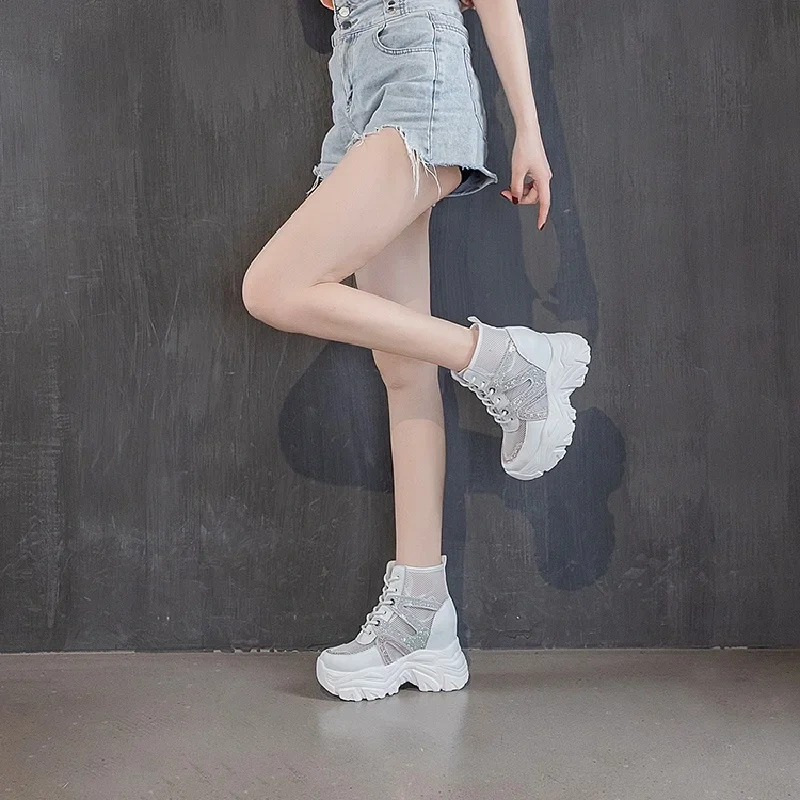 Women Pumps Summer New Slim Height Increasing Platform Bling  Crystal Breathable Mesh Genuine Leather Ladies Casual Sneakers 230