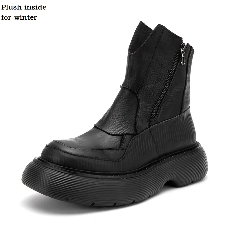 Spring Autumn New British Style Chunky Bottom Platform Sewing Genuine Leather Men High Top Short Motorcycle Boots Winter Plush
