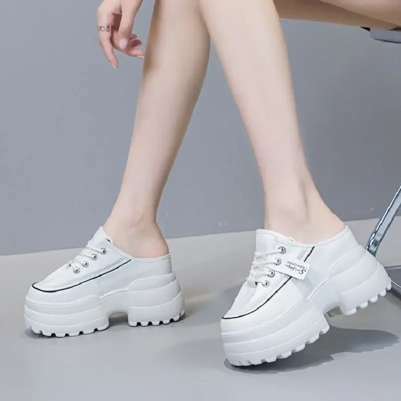 Summer New Outside Fashion Slim Super High Heels Platform Cover Toe Cross-tied Genuine Leather Women Modern Slippers 2305