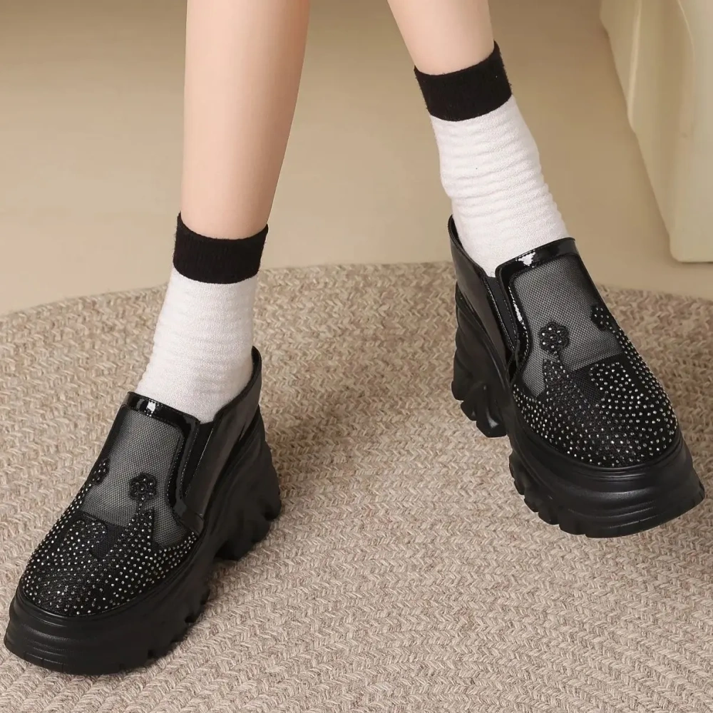 Women 12 CM Wedge Platform Spring Summer Real Leather loafers Semi Slippers Crystal Mesh Hollow Out Breathable Sandals 50221