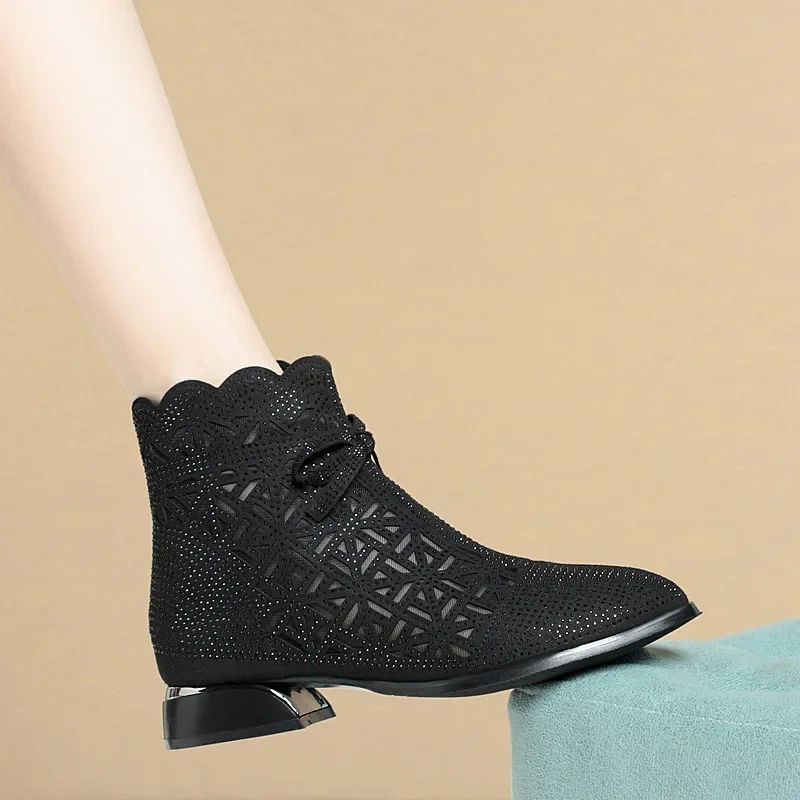 Spring Autumn Women New Arrival Pointed Toe Cut Out Square Heels Pumps Rhinestone Butterfly-knot Breathable Short Boots 230308