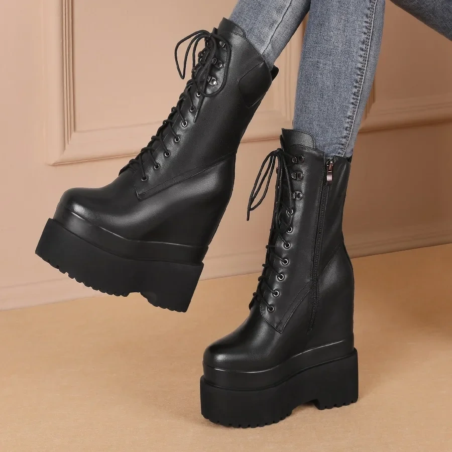 Spring Autumn Winter New British Style Slim Height Increasing Platform Cross-tied Genuine Leather Women Mid-Calf Modern Boots