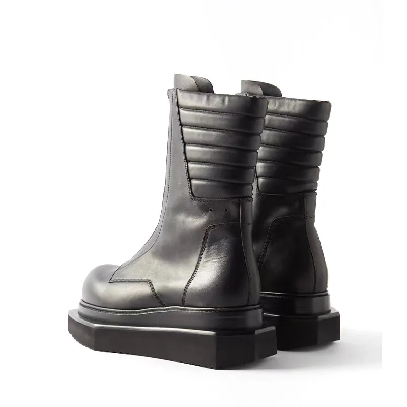 Spring Autumn New Leisure Chunky Bottom Platform Pleated Zippers Black Size 38-44 Genuine Leather Men Mid-Calf Motorcycle Boots