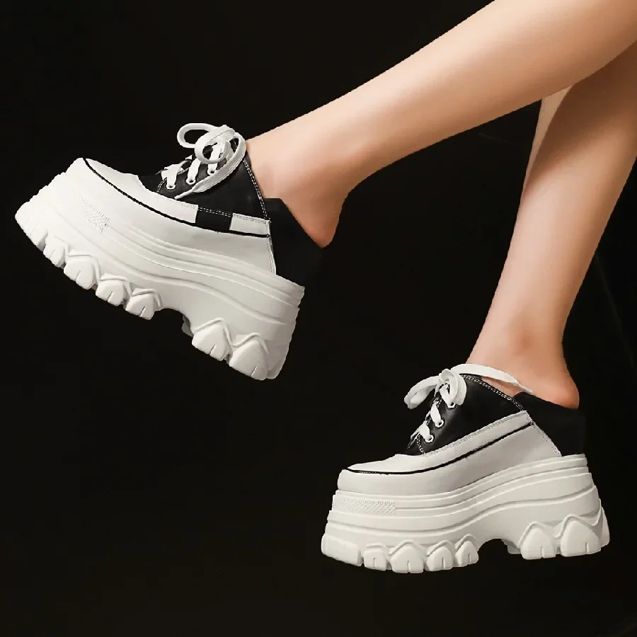 Spring Autumn New Korean Style Slim Height Increasing Platform Mixed Colors Lace-Up Genuine Leather Women Casual Shoea Sneakers