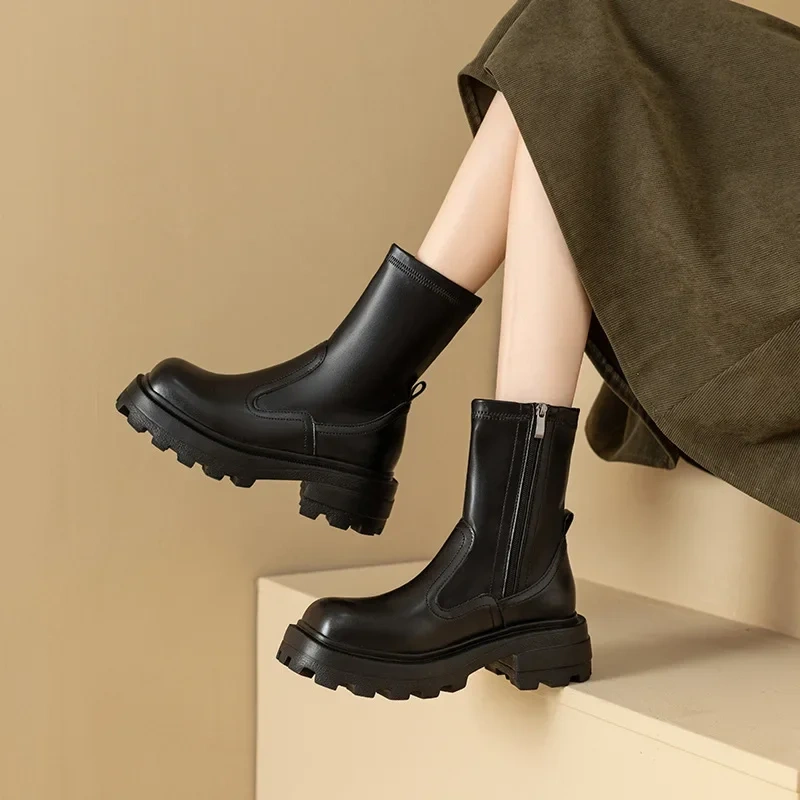 Spring Autumn New British Style Fashion Thick High Heels Square Toe Sewing Platform Patent Leather Women Mid-Calf Modern Boots