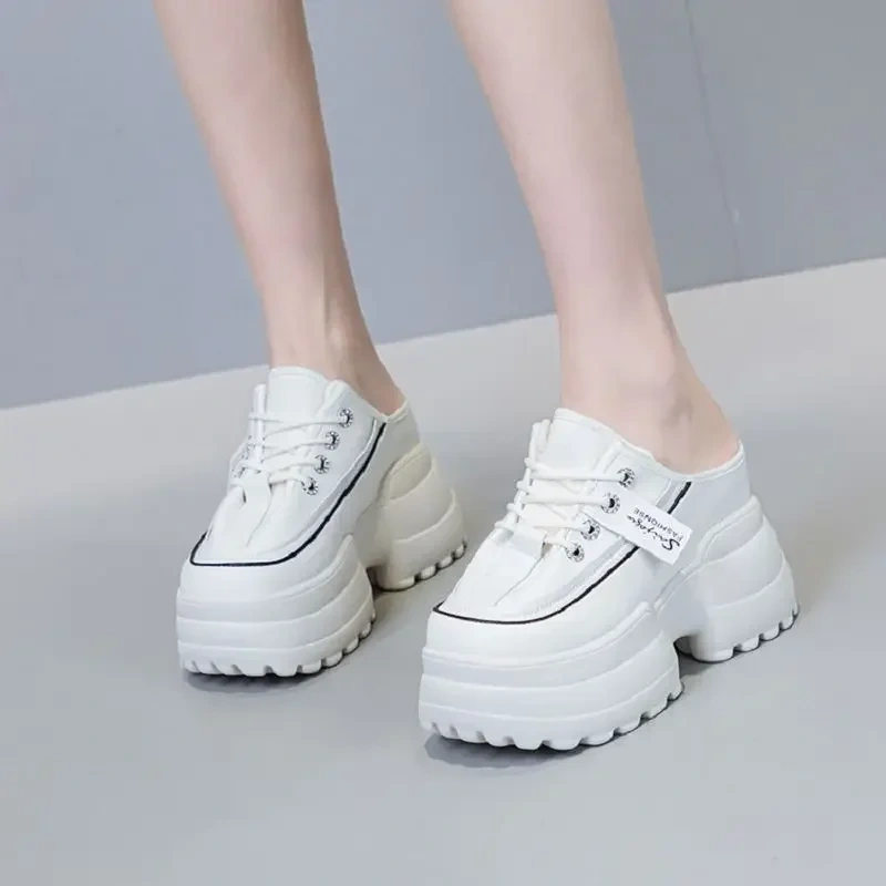 Summer New Outside Fashion Slim Super High Heels Platform Cover Toe Cross-tied Genuine Leather Women Modern Slippers 2305