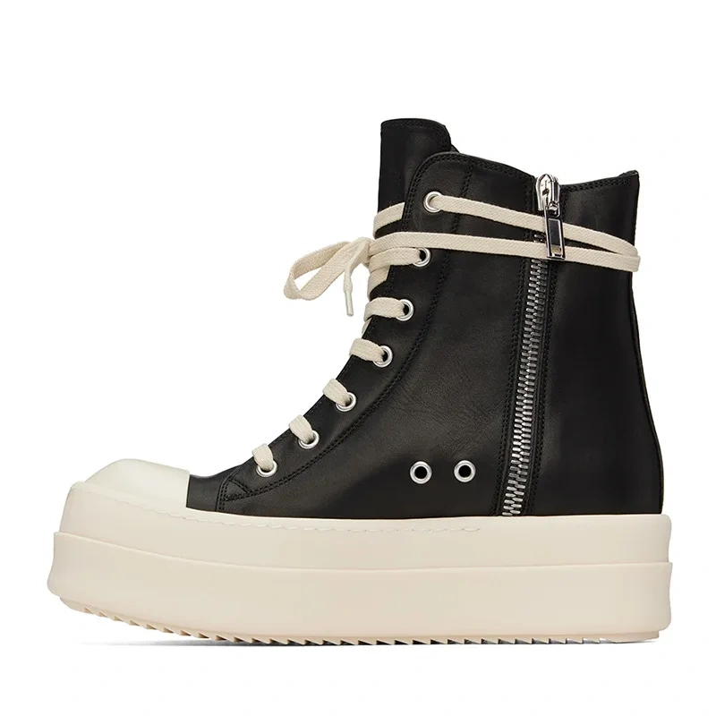 Spring Autumn New Leisure Chunky Sole Cross-tied Zipper Genuine Leather Men Casual Sneakers Male High Top Board Shoes 2410