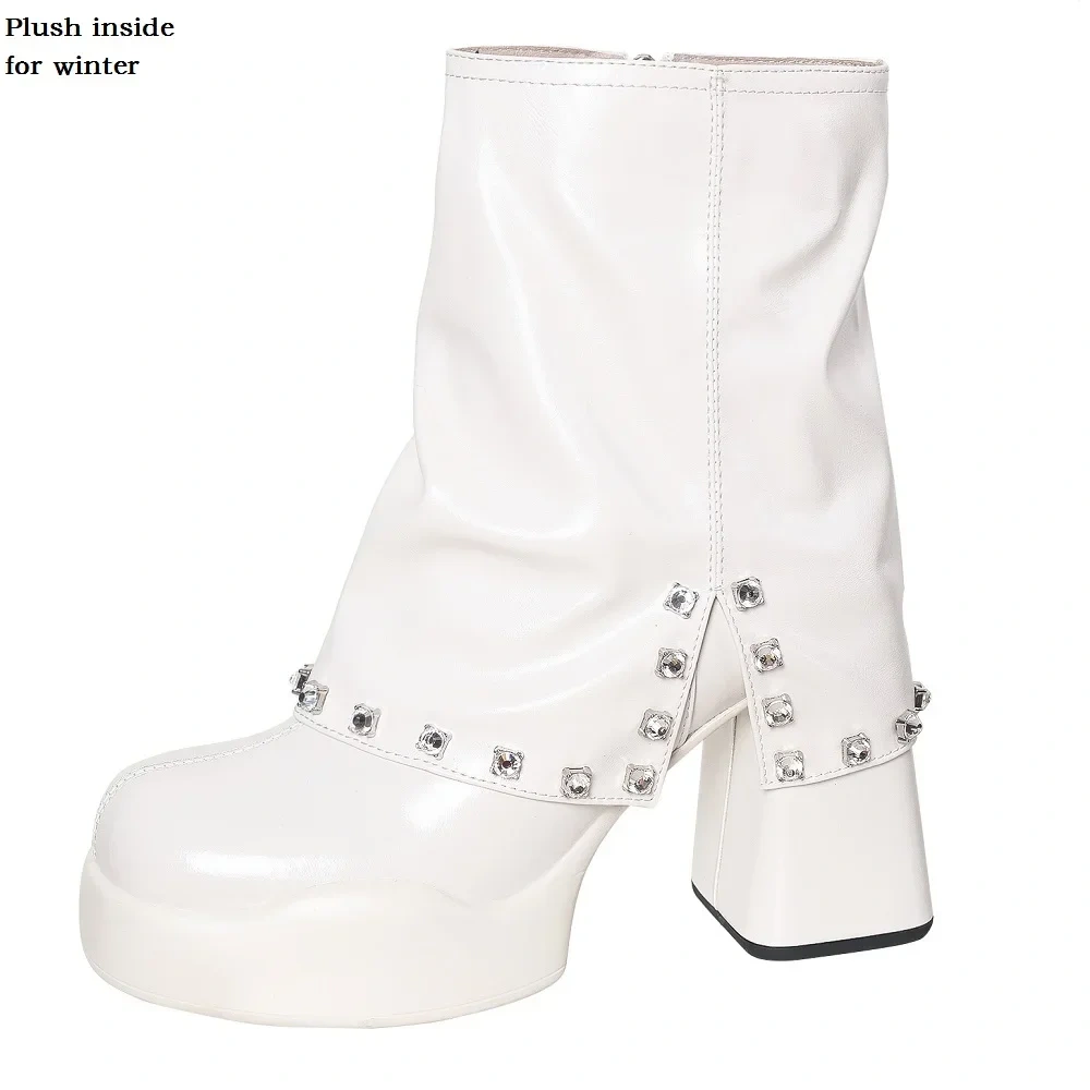 Spring Autumn Winter New Sexy Super High Heels Platform Crystal Rivet Zipper Genuine Leather Women High Top Short Foldover Boots
