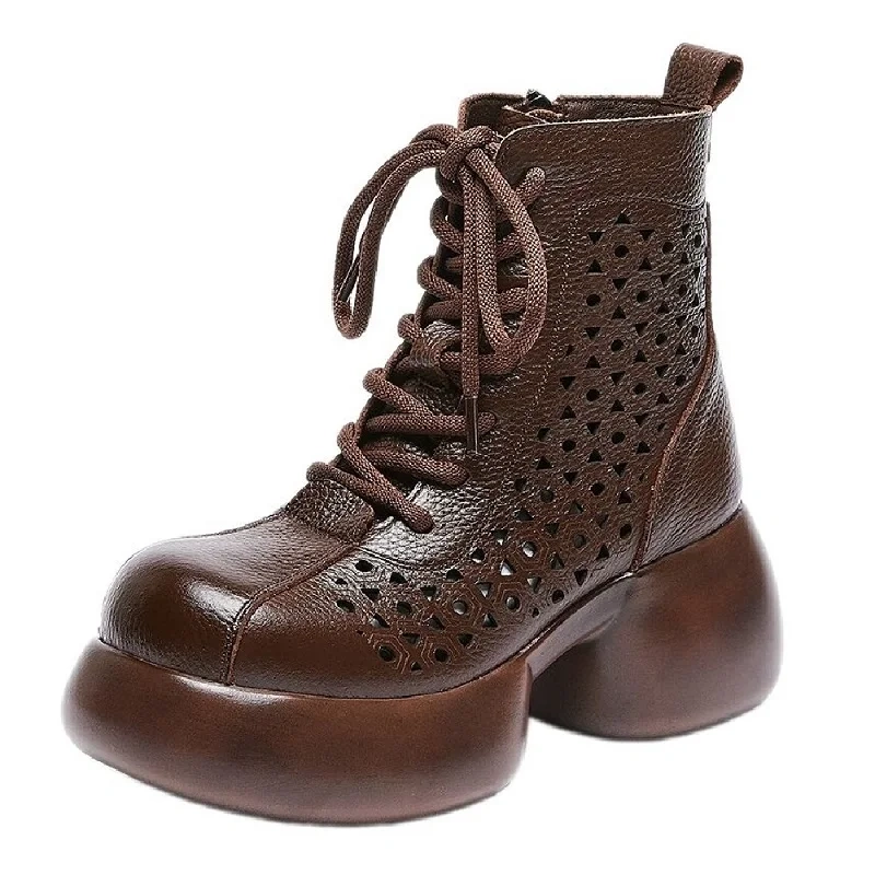 Summer Retro 7 CM Thick High Heels Platform Hollow Breathable Cross-tied Genuine Leather Women Ankle Short Casual Boots 50113