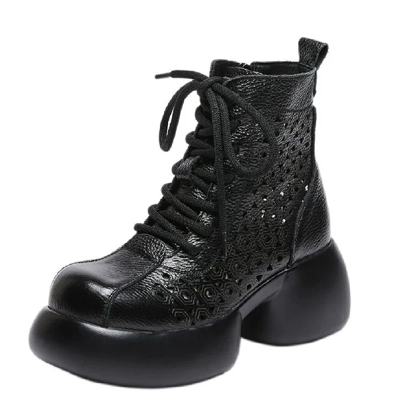 Summer Retro 7 CM Thick High Heels Platform Hollow Breathable Cross-tied Genuine Leather Women Ankle Short Casual Boots 50113