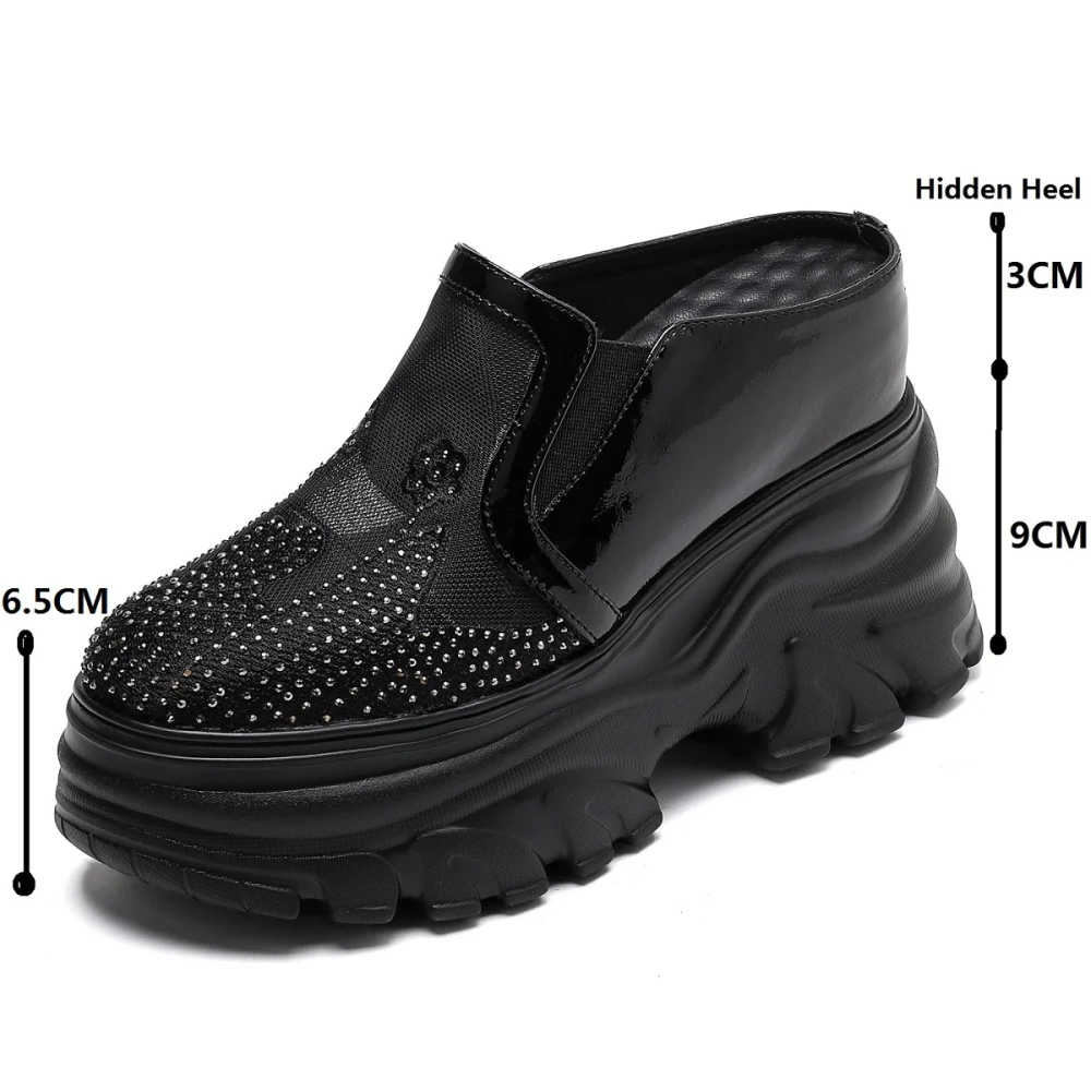Women 12 CM Wedge Platform Spring Summer Real Leather loafers Semi Slippers Crystal Mesh Hollow Out Breathable Sandals 50221