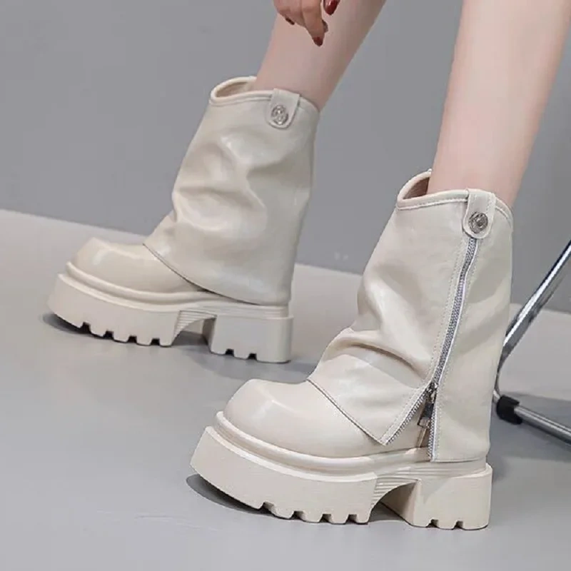 Spring Autumn New Punk Style Slim Height Increasing Platform Pleated Genuine Leather Zipper Women High Top Foldover Boots 2411