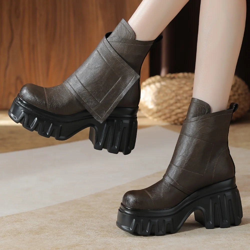 Spring Autumn New Slim 10CM Super High Heels Platform Square Toe Genuine Leather Women Ankle Short Modern Boots Winter Plush