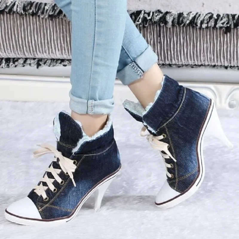 Winter Pointed Toe Lace-up Women Denim Ankle Boots Thick Warm Lady High Heels Short Boots Plus Size 41 42 Big Size Jean Shoes
