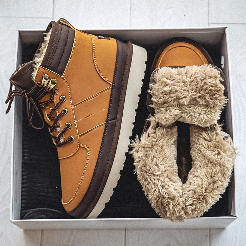 Winter New Retro Chunky Bottom Platform Plush Inside Patchwork Nubuck Men Ankle Short Snow Boots Male Work Safety Botas 2311