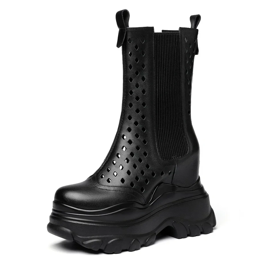 Summer New British Style Slim Height Increasing Platform Wedges Hollow Genuine Leather Slip-On Women Mid-Calf Chelsea Boots 412