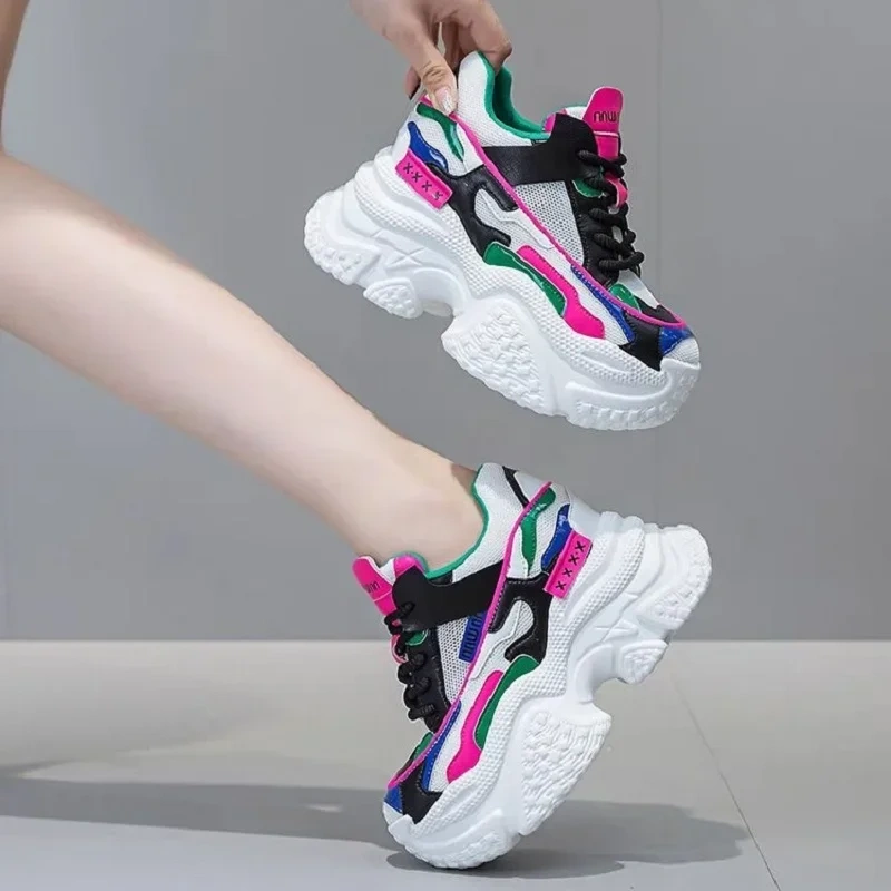 Korean Style New Slim Height Increasing Platform Bling Lace-Up Mesh Patchwork Genuine Leather Women Casual Sneakers Shoes 2409