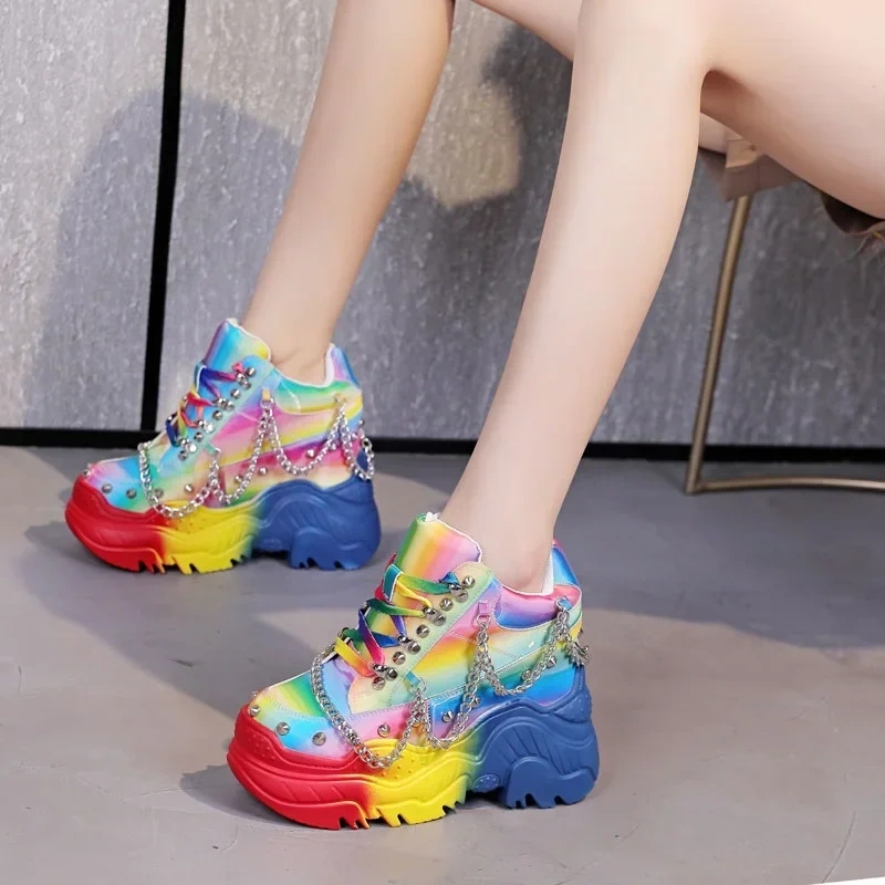Spring Autumn Punk Style Height Internal Platform Metal Chain Rivet Rainbow Color Genuine Leather Women Casual Shoes Sneakers
