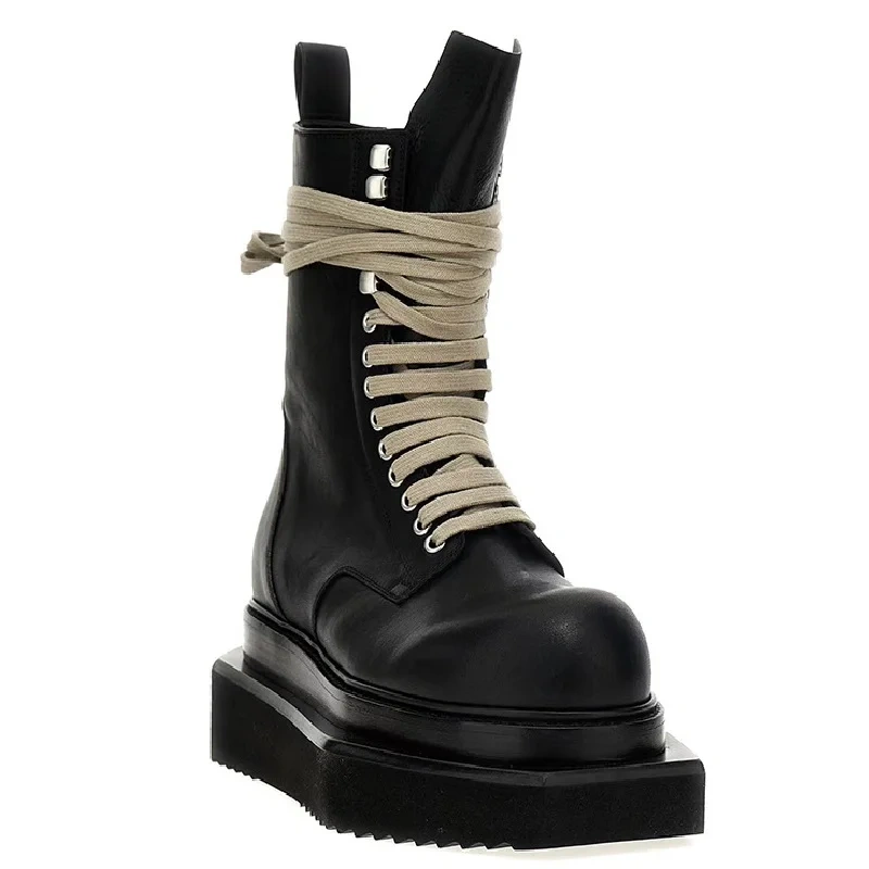 Spring Autumn New Punk Style Chunky Sole Platform Cross-tied Genuine Leather Zipper Men High Top Motorcycle Boots 2411