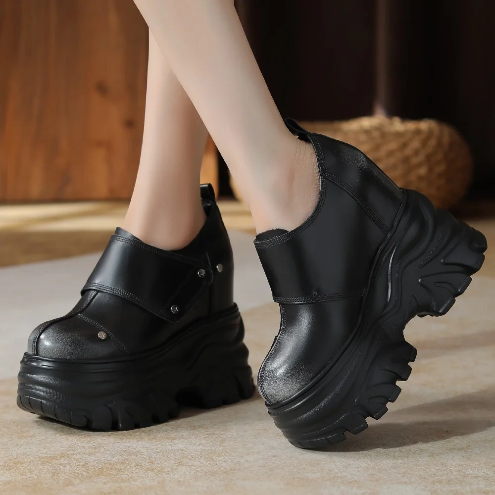 Spring Autumn New British Style Slim Height Increasing Platform Rivet Wedges Sewing Genuine Leather Women Modern Pumps 2407