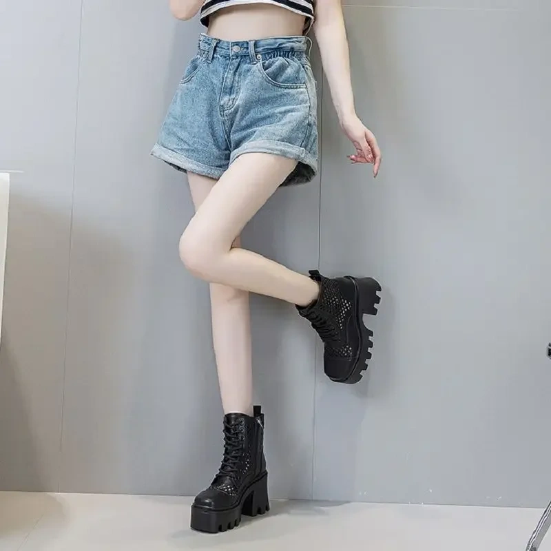 Summer New Fashion Slim Height Increasing Platform Cross-tied Hollow Zipper Genuine Leather Women High Top Modern Boots 2412