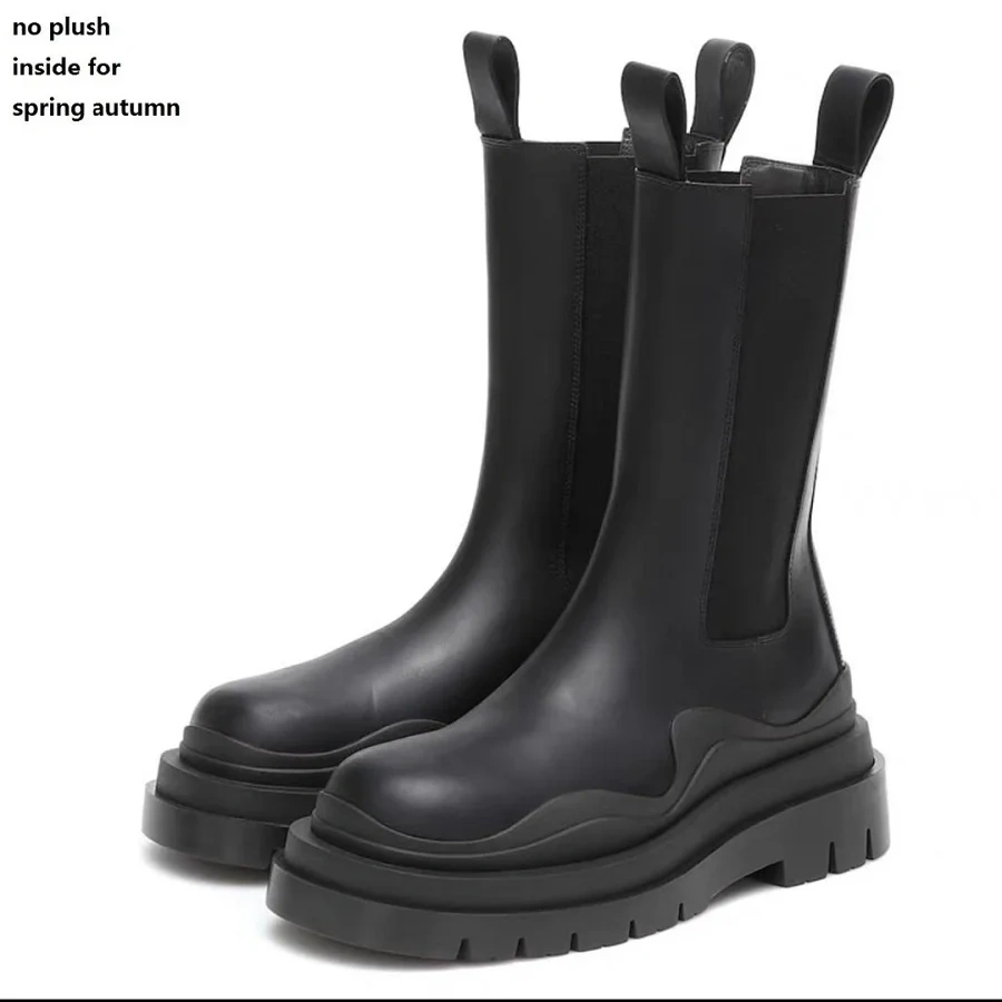 Spring Autumn New British Style Chunky Bottom Platform Slip-On Genuine Leather Men Mid-Calf Half Chelsea Boots Winter Plush 2306