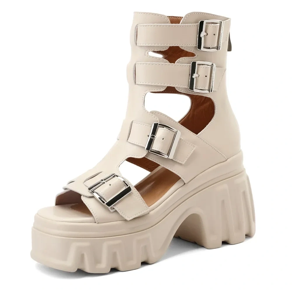 Summer New British Style Retro Super High Heels Platform Hollow Peep Toe Buckle Genuine Leather Zipper Women High Top Rome Boots