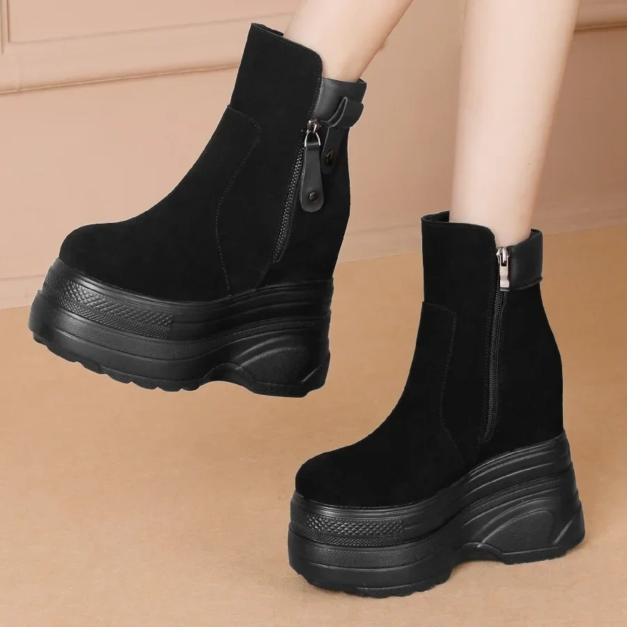 Spring Autumn Slim 14CM Super High Heels Height Increasing Platform Genuine Leather Women Mid-Calf Modern Boots Winter Plush 230