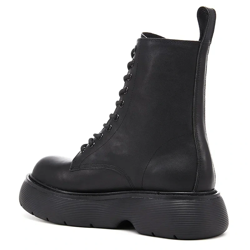 Spring Autumn British Style Chunky Bottom Platform Sewing Cross-tied Genuine Leather Men Mid-Calf High Top Motorcycle Boots 2307