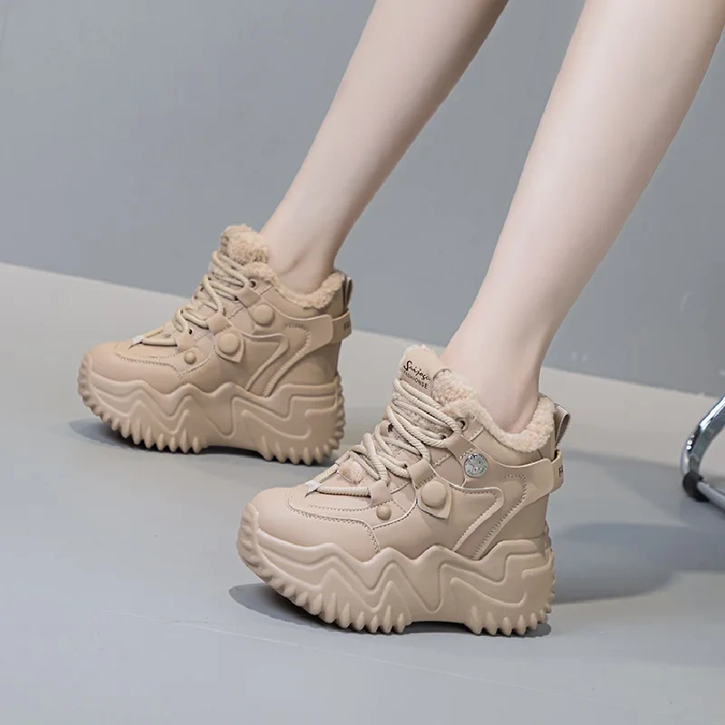 Winter New Internal Celebrity Slim Height Increasing Platform Plush Inside Cross-tied Genuine Leather Women Casual Shoes 2312