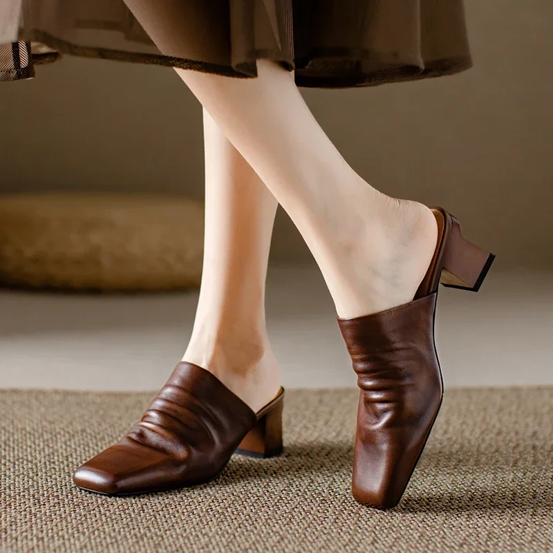 Summer New Outside Leisure Thick Heels Square Toe Sewing Cut Out Pleated Concise Genuine Leather Women Modern Slippers 230407