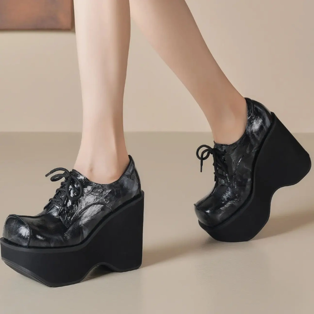 Women New Spring Autumn 12 CM High Heel Thick Sole Wedge Platform Lace Up Shoes Genuine Leather Printed Black Shoes 50222