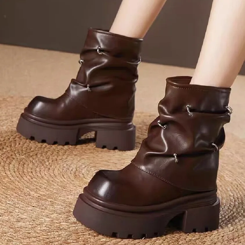 Winter New Punk Style Height Increasing Platform Rivet Plush Inside Genuine Leather Slip-On Women Mid-Calf Foldover Boots 2411