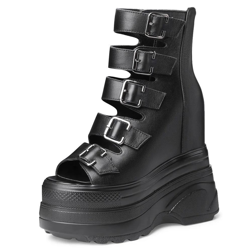 Summer New Korean Fashion Style Height Increasing Peep Toe Platform Belt Buckle Hollow Genuine Leather Women High Top Rome Boots